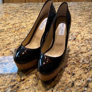 Jimmy Choo Black Patent Leather Cork Wedge